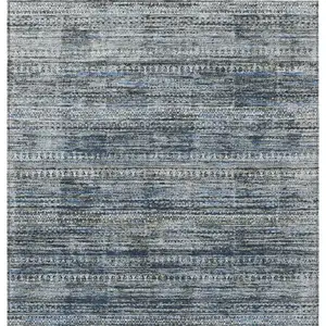 Photo of Denim Blue And Ivory Striped Washable Indoor Outdoor Area Rug