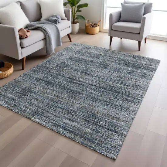 Denim Blue And Ivory Striped Washable Indoor Outdoor Area Rug Photo 5