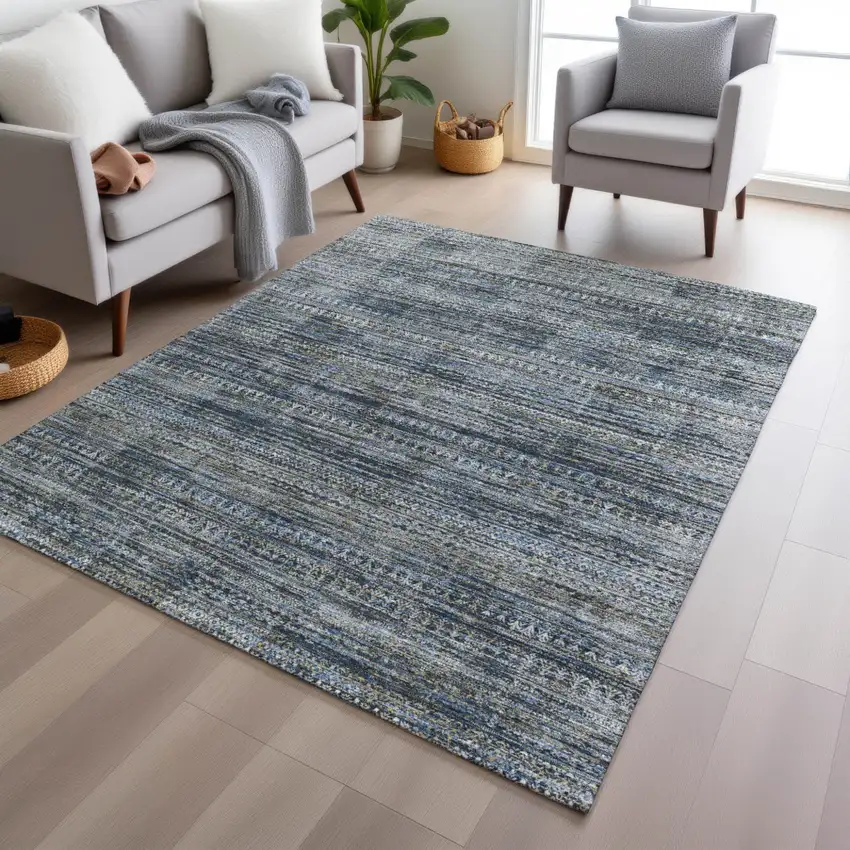 Denim Blue And Ivory Striped Washable Indoor Outdoor Area Rug Photo 5