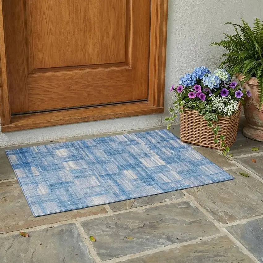 Denim Blue And Ivory Striped Washable Indoor Outdoor Area Rug Photo 1