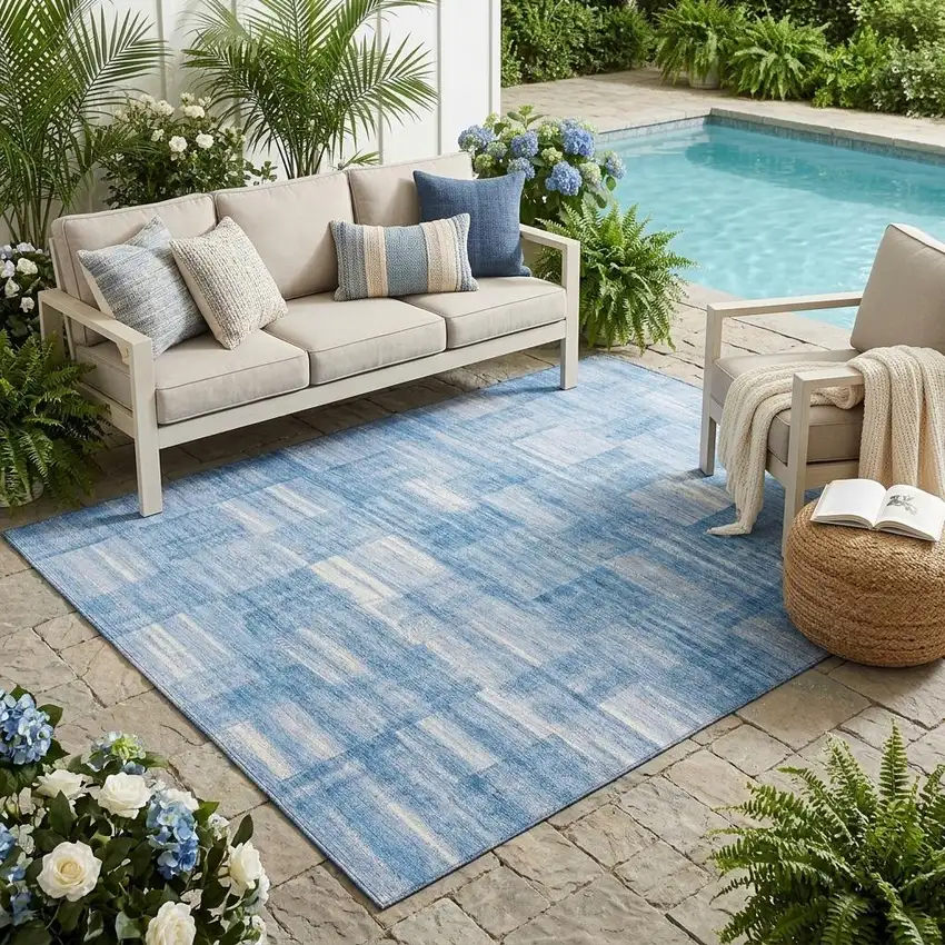 Denim Blue And Ivory Striped Washable Indoor Outdoor Area Rug Photo 1