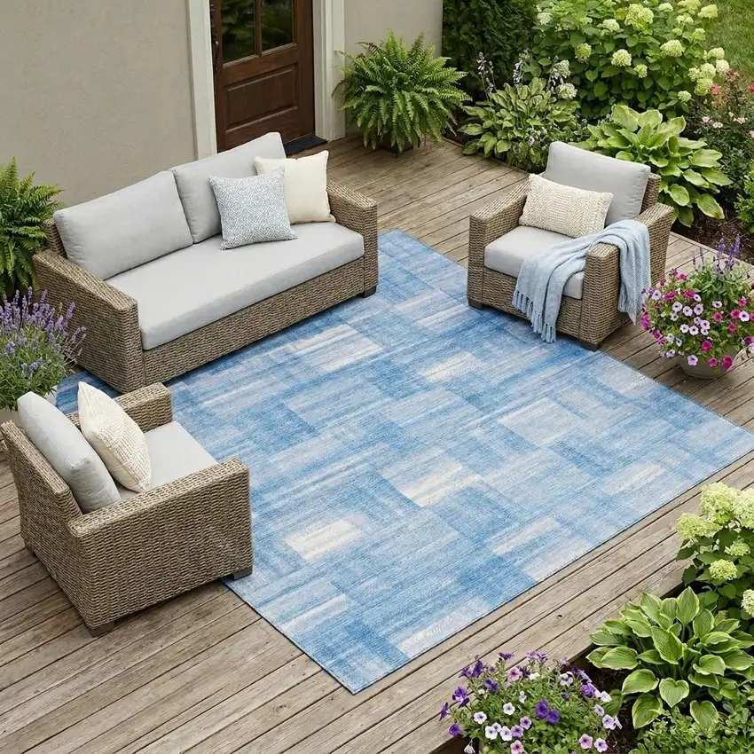 Denim Blue And Ivory Striped Washable Indoor Outdoor Area Rug Photo 1
