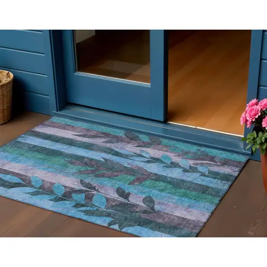 Denim Blue And Lavender Floral Washable Indoor Outdoor Area Rug Photo 2