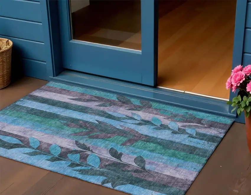 Denim Blue And Lavender Floral Washable Indoor Outdoor Area Rug Photo 2