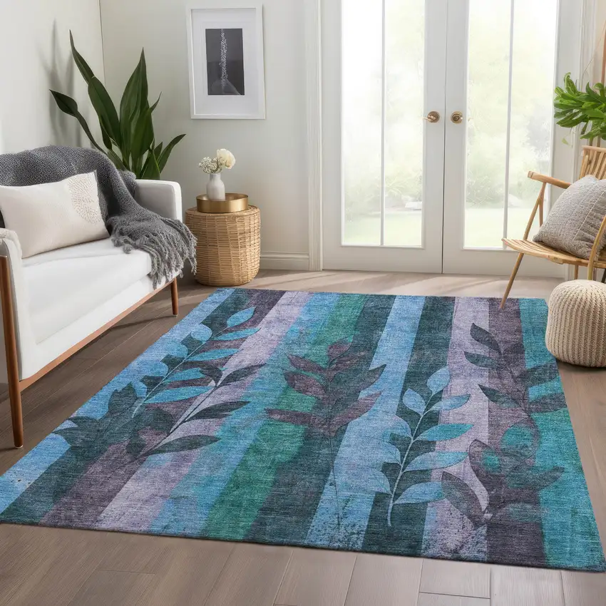 Denim Blue And Lavender Floral Washable Indoor Outdoor Area Rug Photo 6