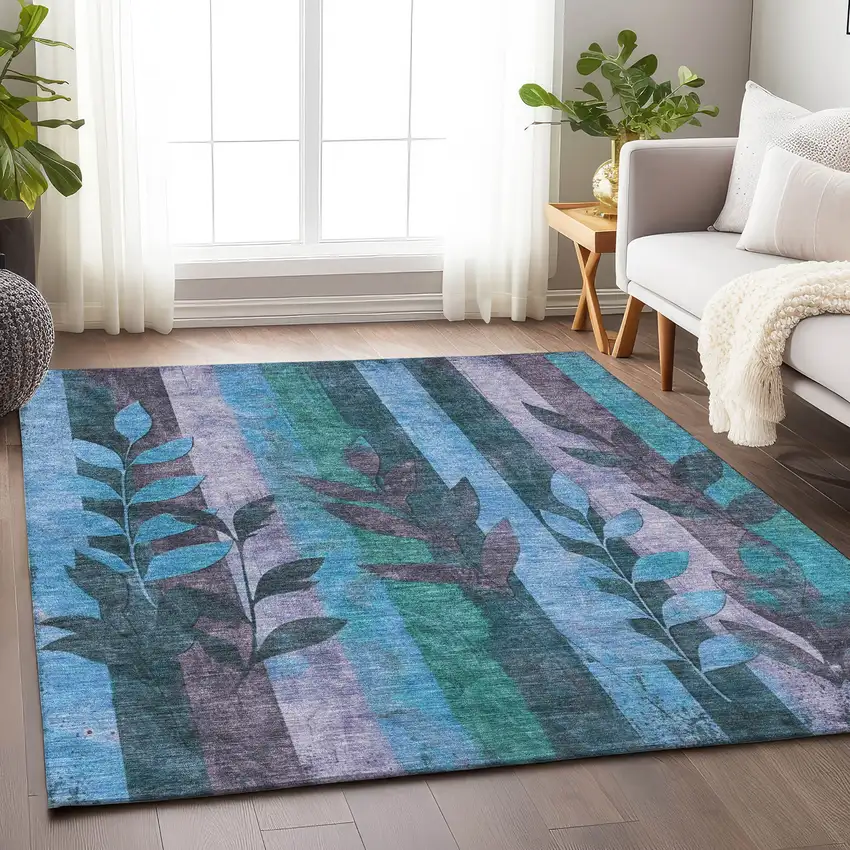 Denim Blue And Lavender Floral Washable Indoor Outdoor Area Rug Photo 5