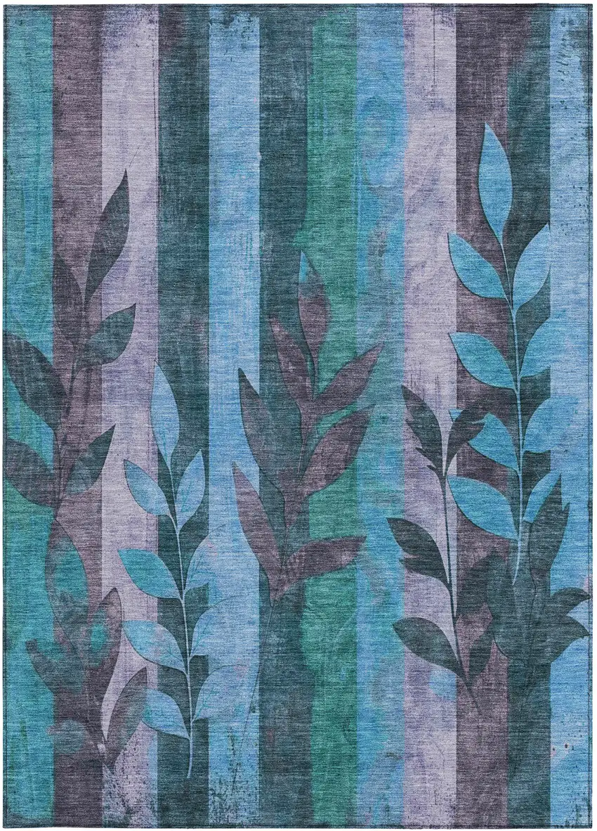 Denim Blue And Lavender Floral Washable Indoor Outdoor Area Rug Photo 9