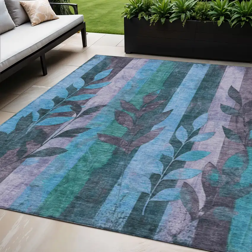 Denim Blue And Lavender Floral Washable Indoor Outdoor Area Rug Photo 2