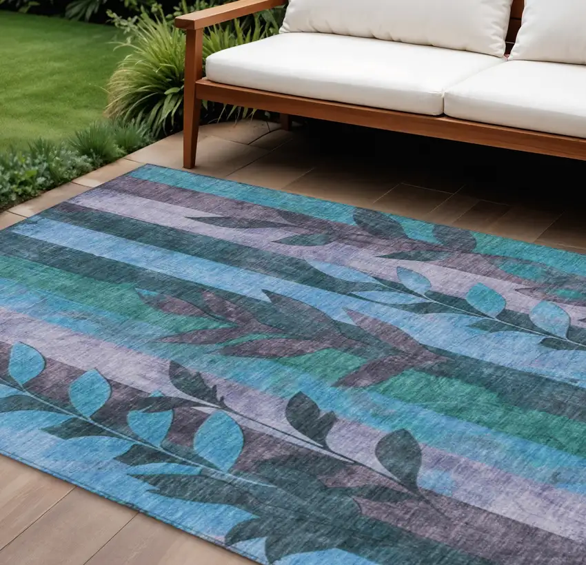 Denim Blue And Lavender Floral Washable Indoor Outdoor Area Rug Photo 2