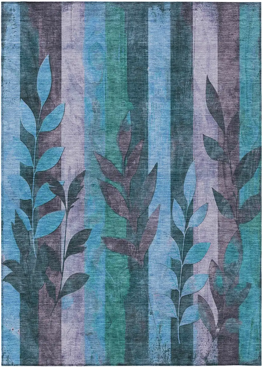 Denim Blue And Lavender Floral Washable Indoor Outdoor Area Rug Photo 8