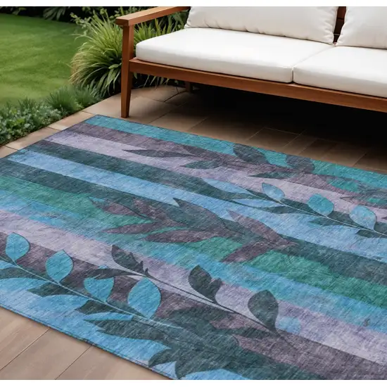 Denim Blue And Lavender Floral Washable Indoor Outdoor Area Rug Photo 2