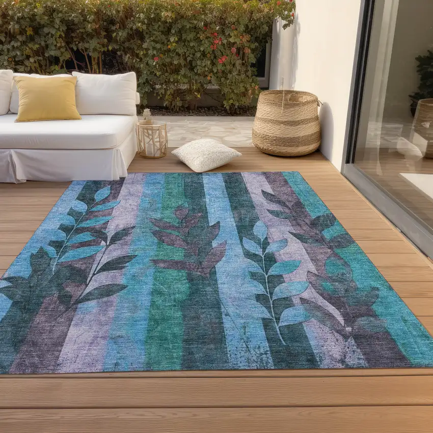 Denim Blue And Lavender Floral Washable Indoor Outdoor Area Rug Photo 7