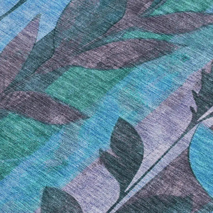 Denim Blue And Lavender Floral Washable Indoor Outdoor Area Rug Photo 3