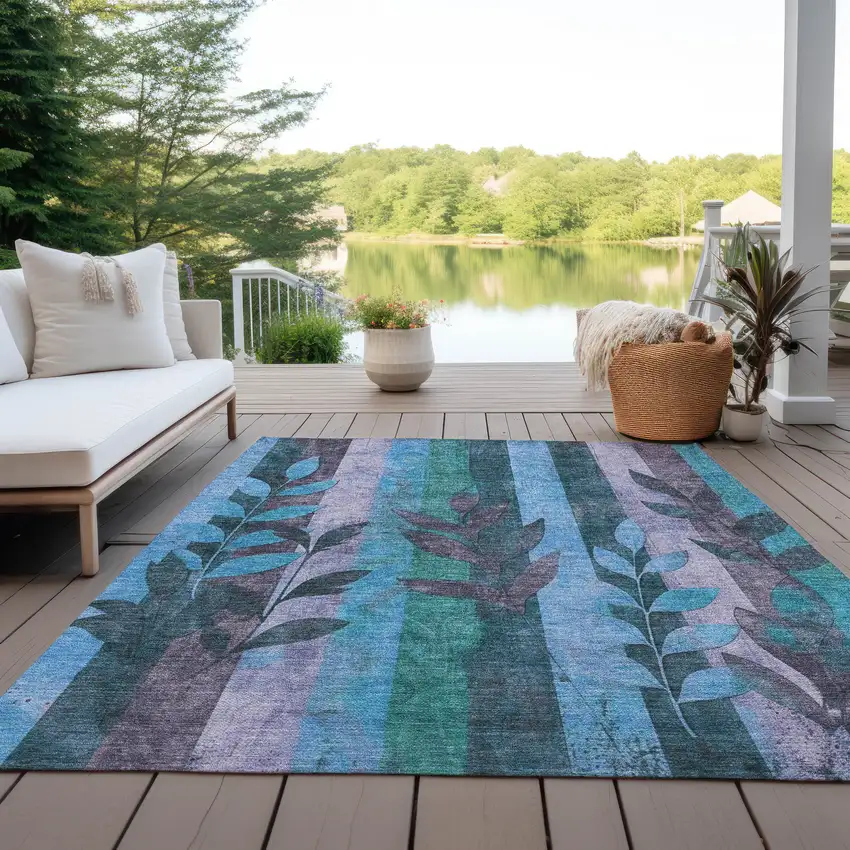 Denim Blue And Lavender Floral Washable Indoor Outdoor Area Rug Photo 4