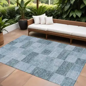 Photo of Denim Blue And Light Blue Geometric Washable Indoor Outdoor Area Rug