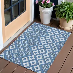 Photo of Denim Blue And Light Blue Geometric Washable Indoor Outdoor Area Rug