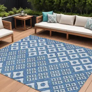 Photo of Denim Blue And Light Blue Geometric Washable Indoor Outdoor Area Rug