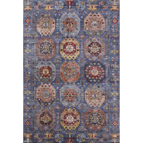 Denim Blue And Merlot Medallion Washable Area Rug With UV Protection Photo 1