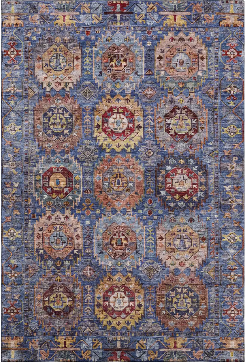 Denim Blue And Merlot Medallion Washable Area Rug With UV Protection Photo 1