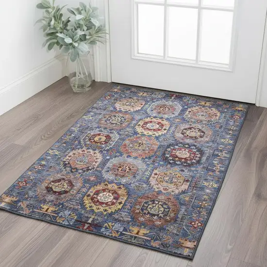 Denim Blue And Merlot Medallion Washable Area Rug With UV Protection Photo 2