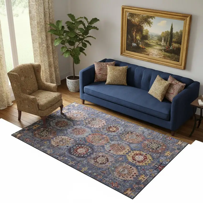 Denim Blue And Merlot Medallion Washable Area Rug With UV Protection Photo 2