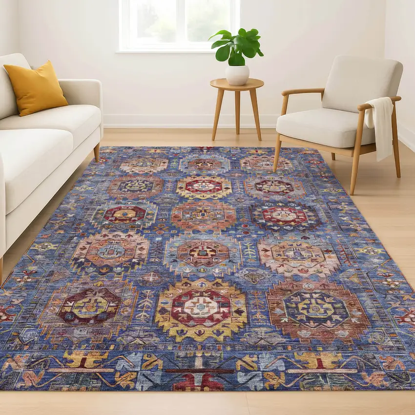 Denim Blue And Merlot Medallion Washable Area Rug With UV Protection Photo 5