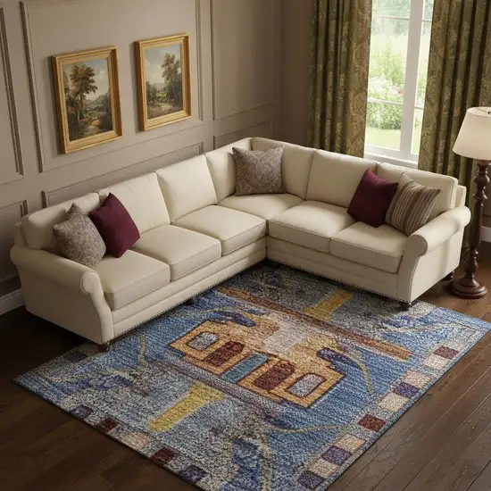 Denim Blue And Merlot Medallion Washable Area Rug With UV Protection Photo 2