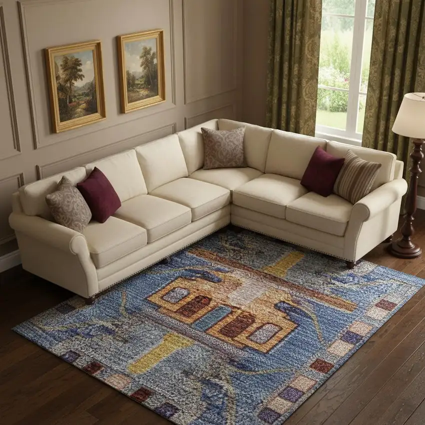 Denim Blue And Merlot Medallion Washable Area Rug With UV Protection Photo 2