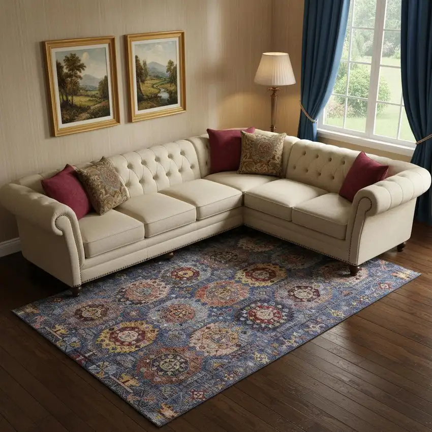 Denim Blue And Merlot Medallion Washable Area Rug With UV Protection Photo 2