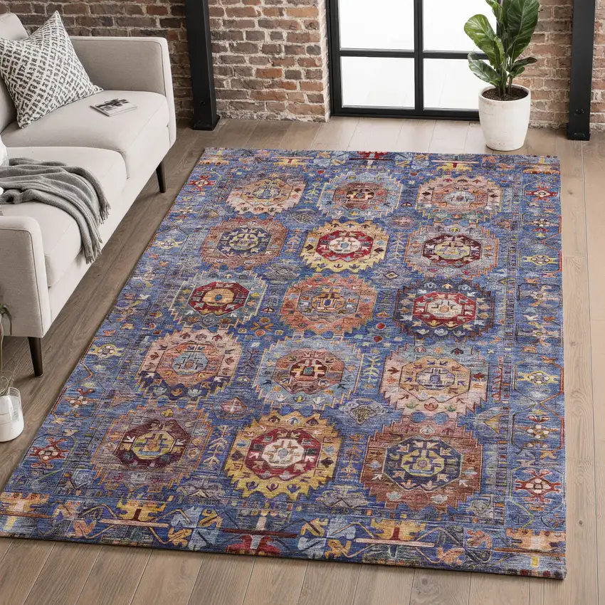 Denim Blue And Merlot Medallion Washable Area Rug With UV Protection Photo 5