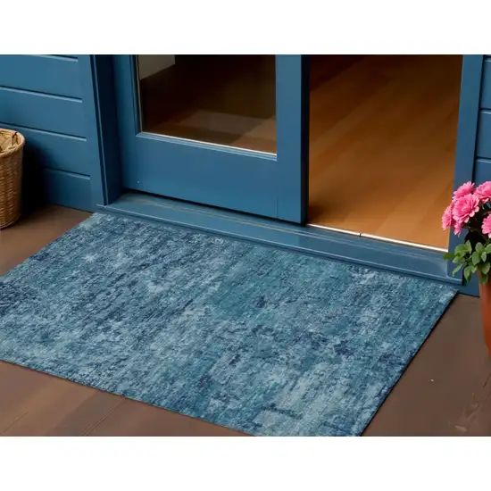 Denim Blue And Navy Blue Abstract Washable Indoor Outdoor Area Rug Photo 2
