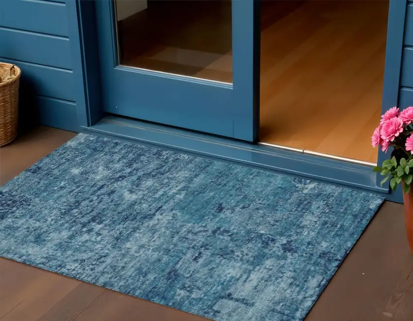 Denim Blue And Navy Blue Abstract Washable Indoor Outdoor Area Rug Photo 2