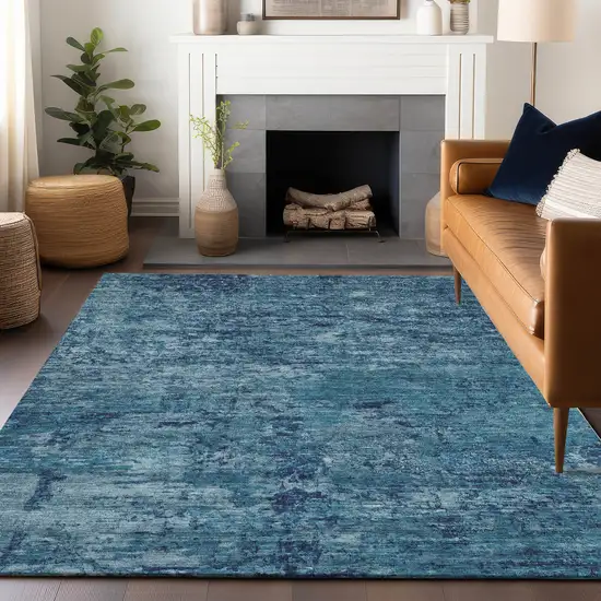 Denim Blue And Navy Blue Abstract Washable Indoor Outdoor Area Rug Photo 7