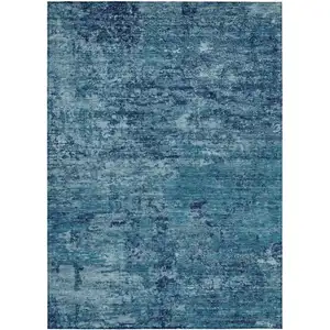 Photo of Denim Blue And Navy Blue Abstract Washable Indoor Outdoor Area Rug