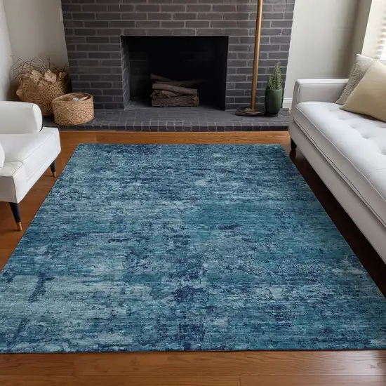 Denim Blue And Navy Blue Abstract Washable Indoor Outdoor Area Rug Photo 9