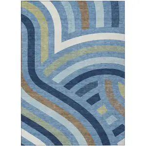 Photo of Denim Blue And Navy Blue Abstract Washable Indoor Outdoor Area Rug