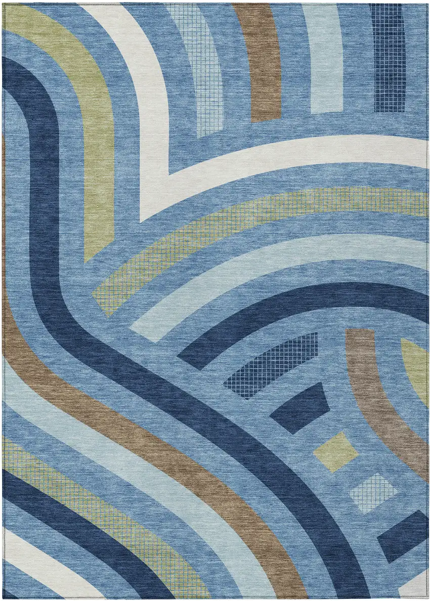 Denim Blue And Navy Blue Abstract Washable Indoor Outdoor Area Rug Photo 1