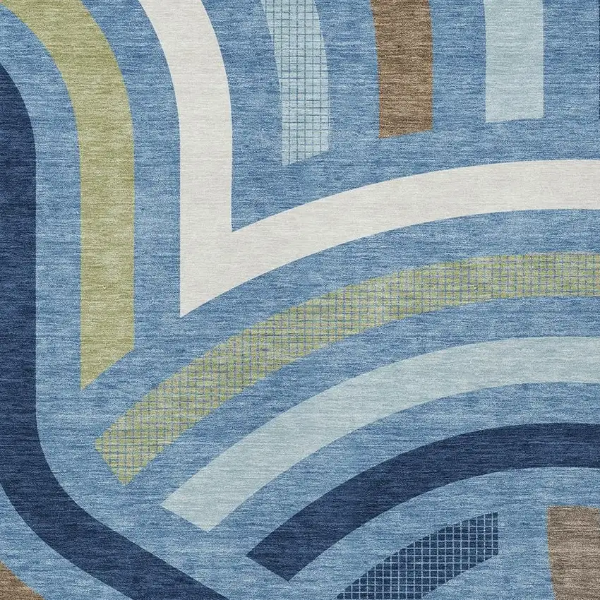 Denim Blue And Navy Blue Abstract Washable Indoor Outdoor Area Rug Photo 2