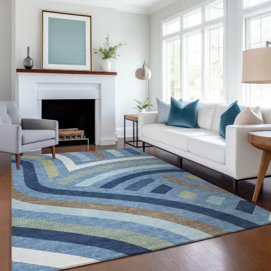 Denim Blue And Navy Blue Abstract Washable Indoor Outdoor Area Rug Photo 6