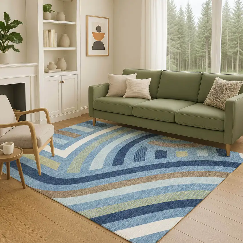 Denim Blue And Navy Blue Abstract Washable Indoor Outdoor Area Rug Photo 5