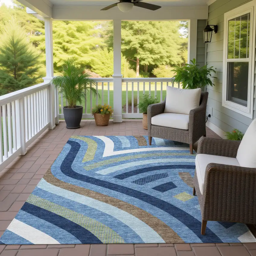 Denim Blue And Navy Blue Abstract Washable Indoor Outdoor Area Rug Photo 4