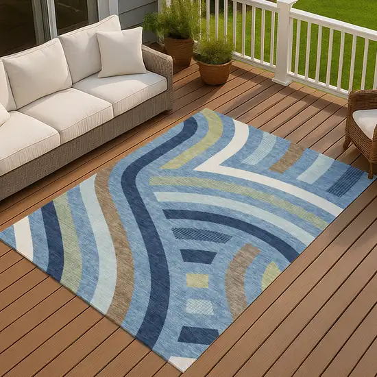 Denim Blue And Navy Blue Abstract Washable Indoor Outdoor Area Rug Photo 7
