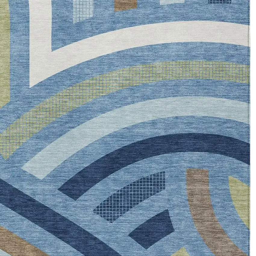 Denim Blue And Navy Blue Abstract Washable Indoor Outdoor Area Rug Photo 2