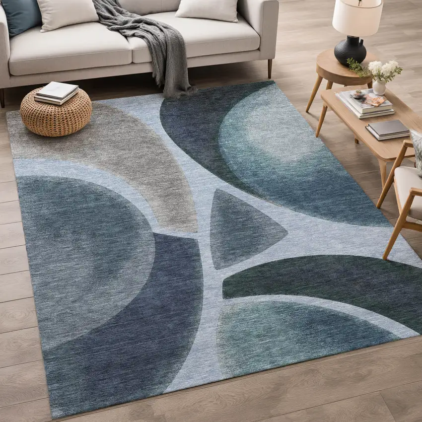 Denim Blue And Navy Blue Abstract Washable Indoor Outdoor Area Rug Photo 5
