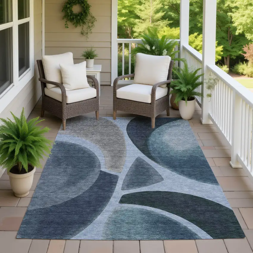 Denim Blue And Navy Blue Abstract Washable Indoor Outdoor Area Rug Photo 7