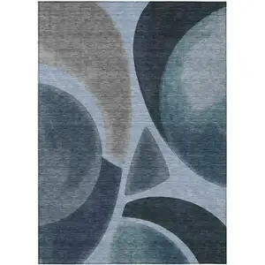 Photo of Denim Blue And Navy Blue Abstract Washable Indoor Outdoor Area Rug