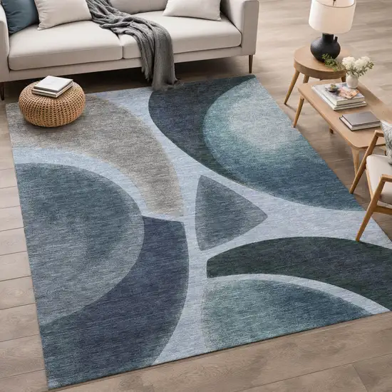 Denim Blue And Navy Blue Abstract Washable Indoor Outdoor Area Rug Photo 5