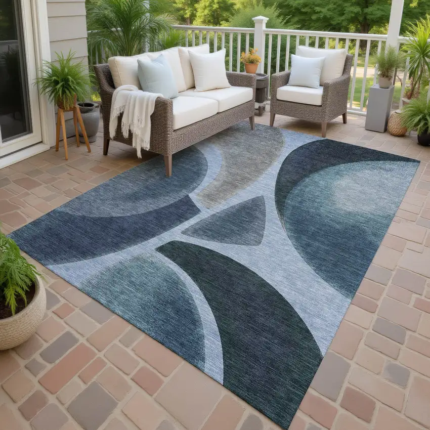 Denim Blue And Navy Blue Abstract Washable Indoor Outdoor Area Rug Photo 4