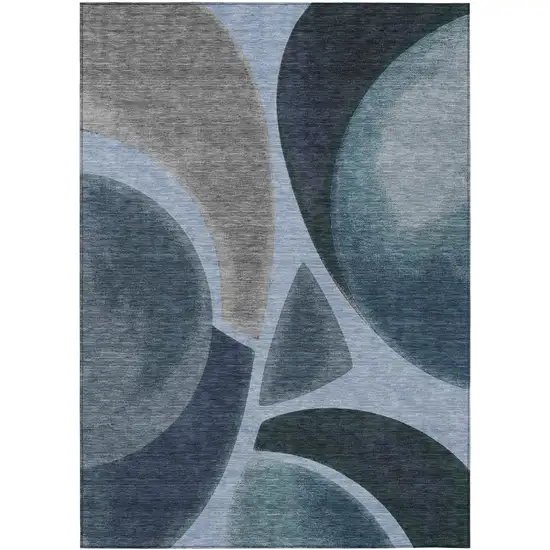 Denim Blue And Navy Blue Abstract Washable Indoor Outdoor Area Rug Photo 1