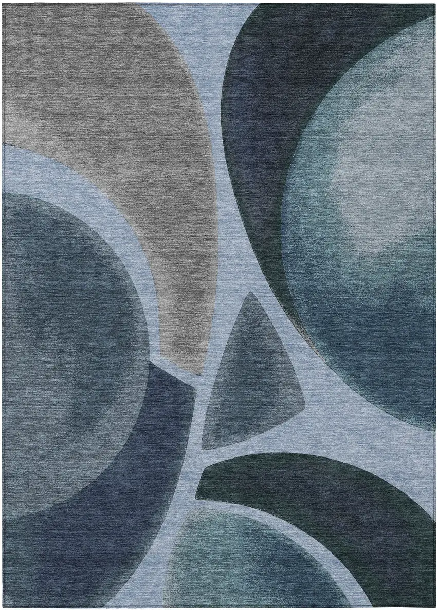 Denim Blue And Navy Blue Abstract Washable Indoor Outdoor Area Rug Photo 1